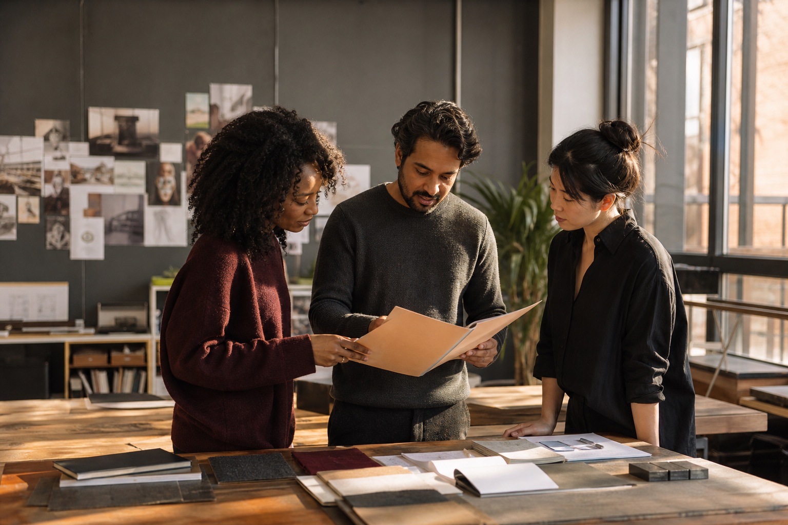 Three colleagues reviewing plans together in a creative studio