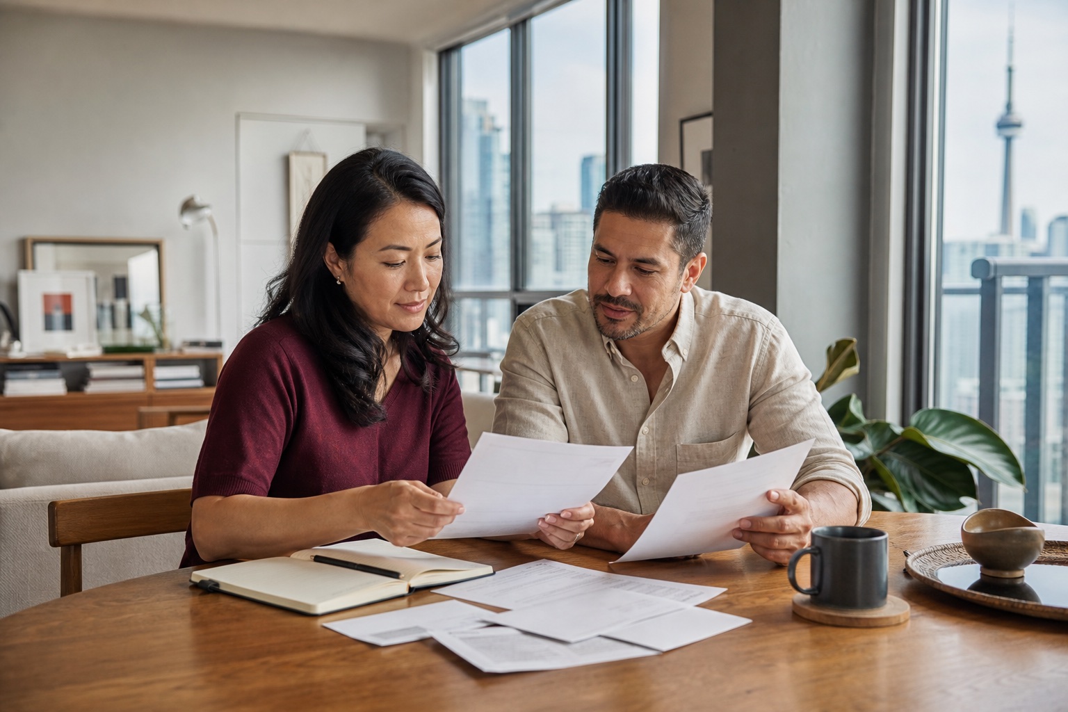 A couple reviewing household documents together at a dining table