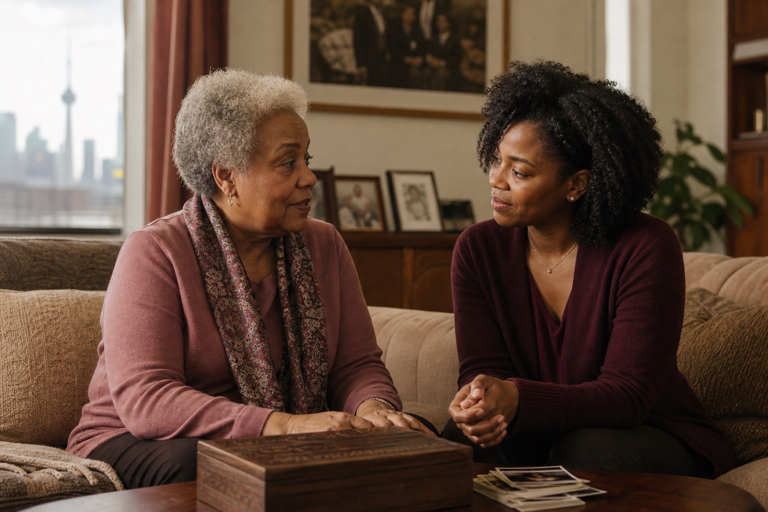 Two generations of a family having a thoughtful conversation