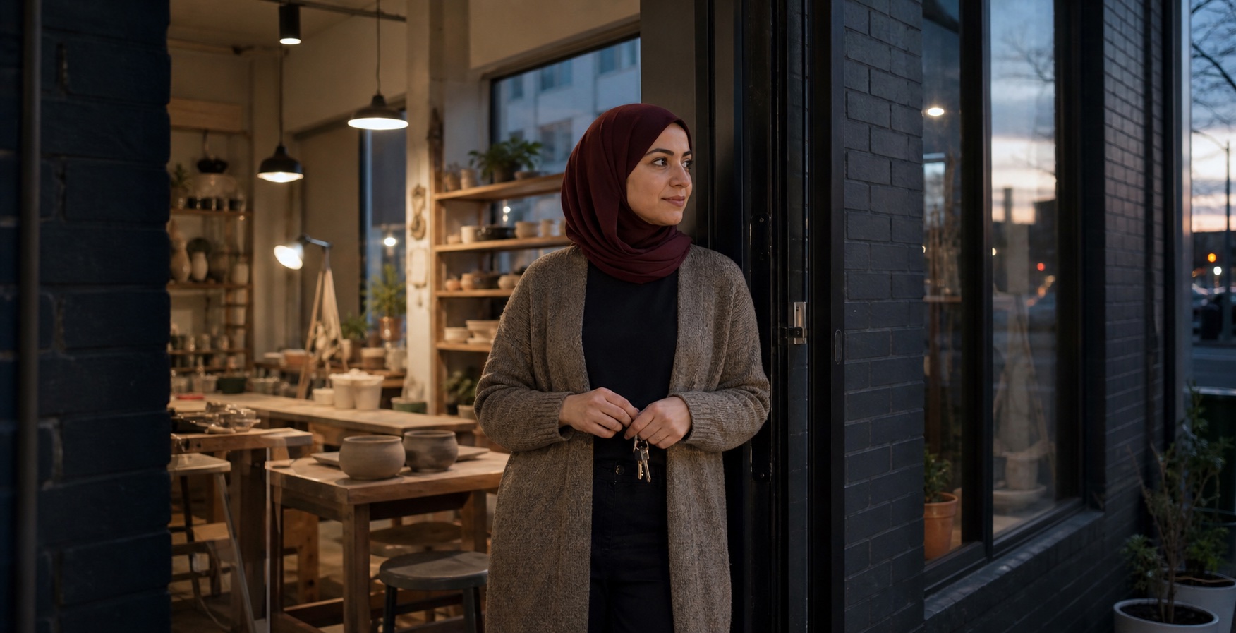A business owner closing her ceramics studio at dusk